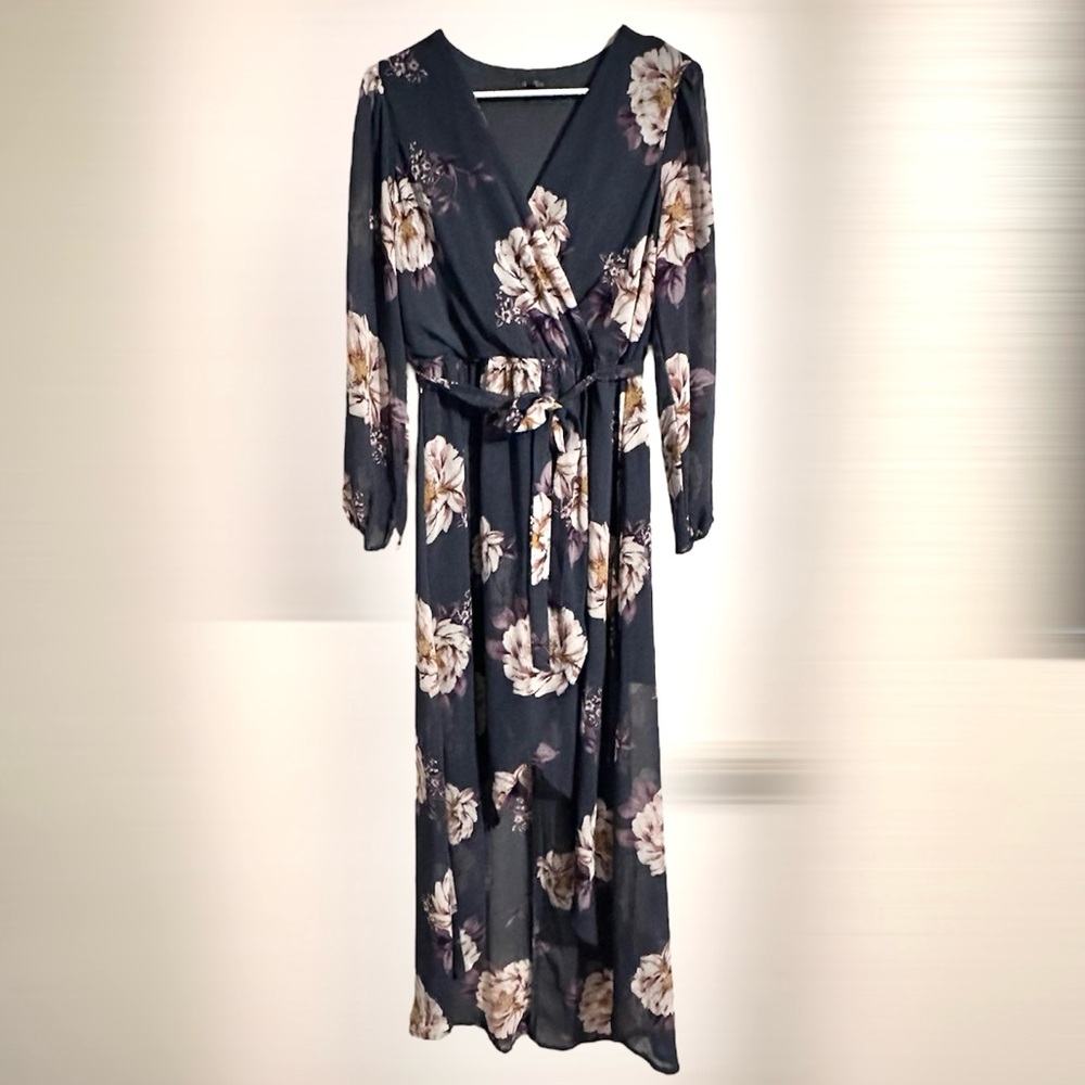 Lily Rose Women's Blue Long Sheer Sleeve Floral  Dress with Belt